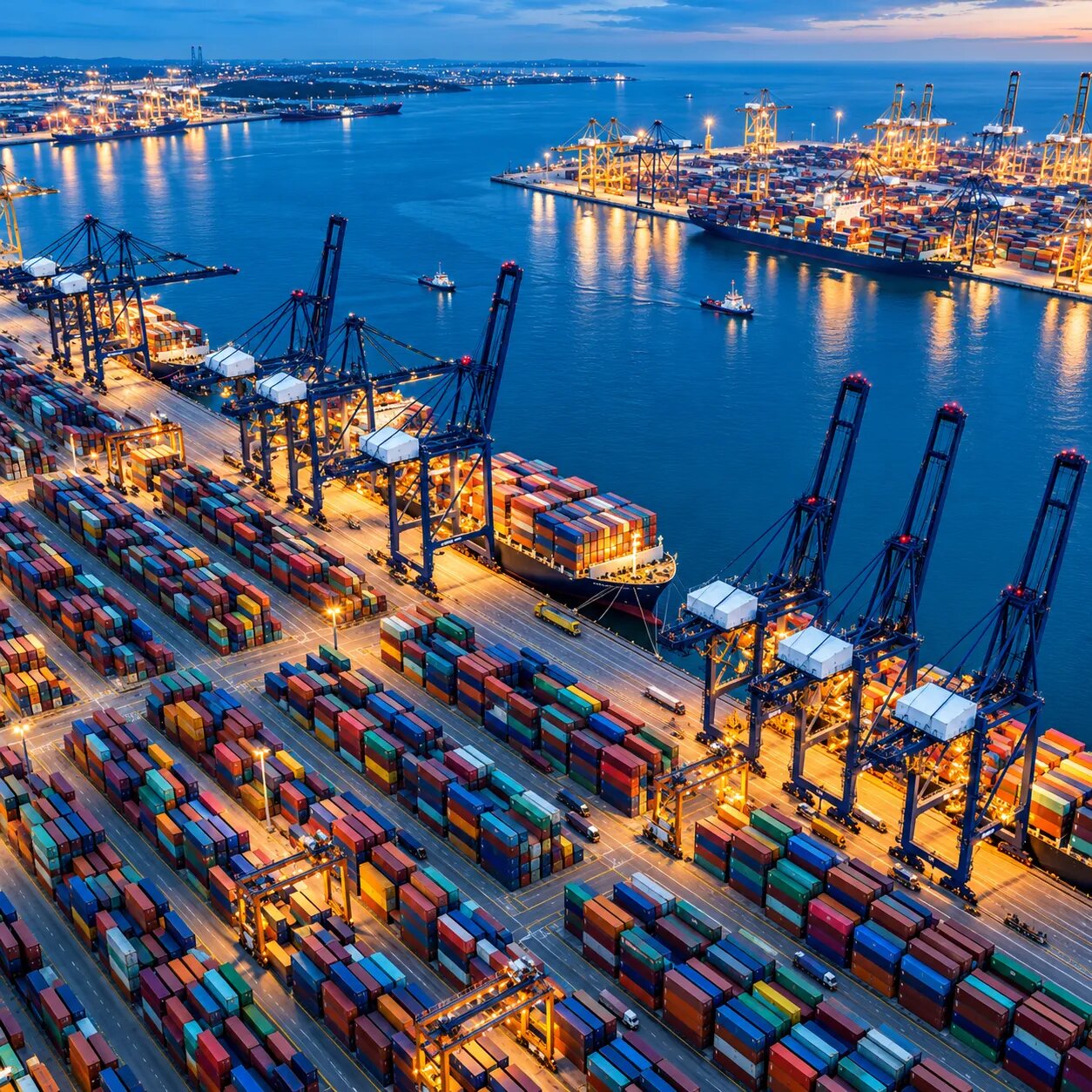 Container port with cargo ships loading for worldwide export